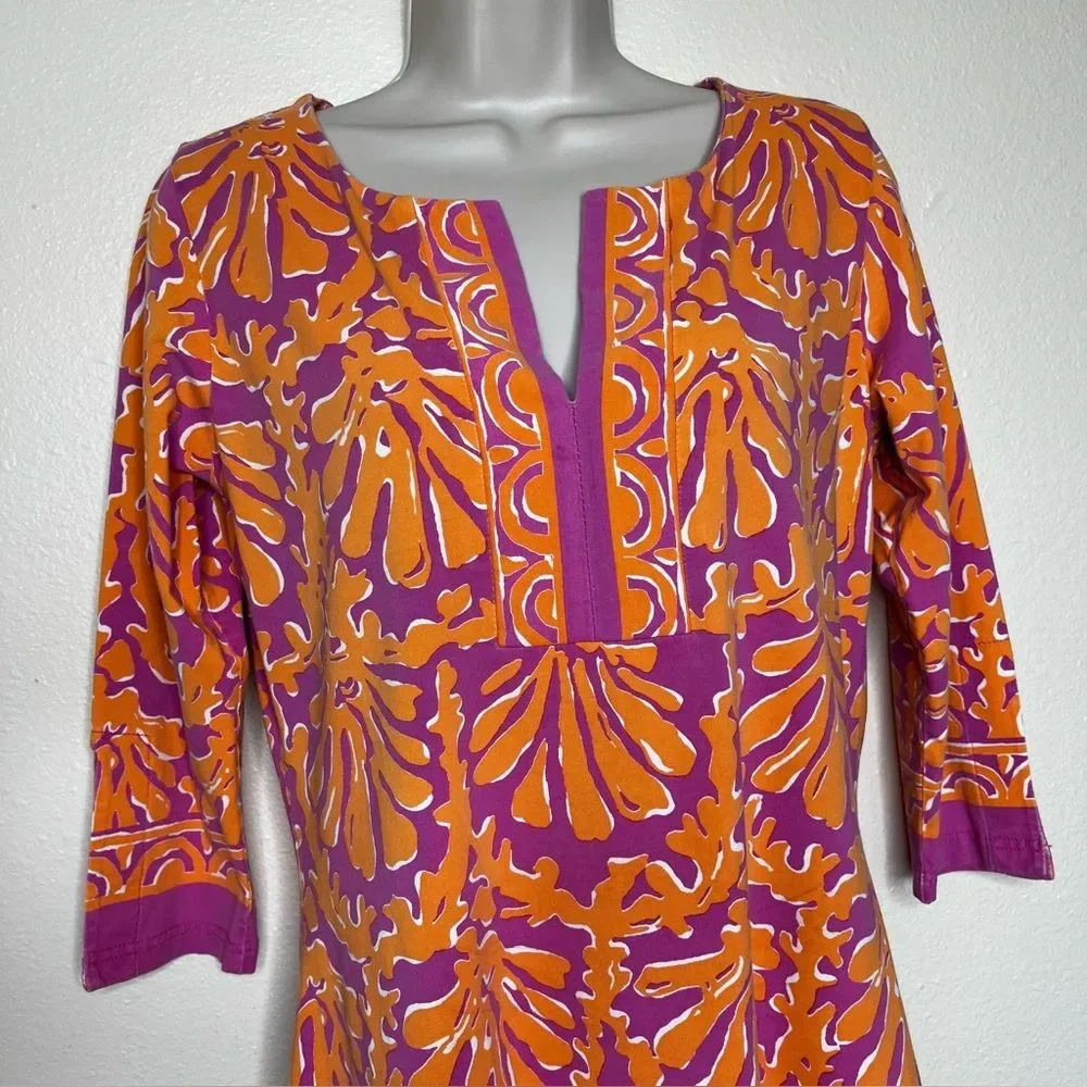 Barbara Gerwit Orange Pink Coral Print Tunic Shift Dress 3/4 Sleeve Women Medium